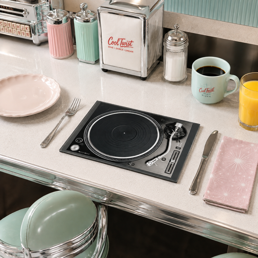 Yililo Record Player Glass Placemats in black, printed with a retro turntable and vinyl record design.
