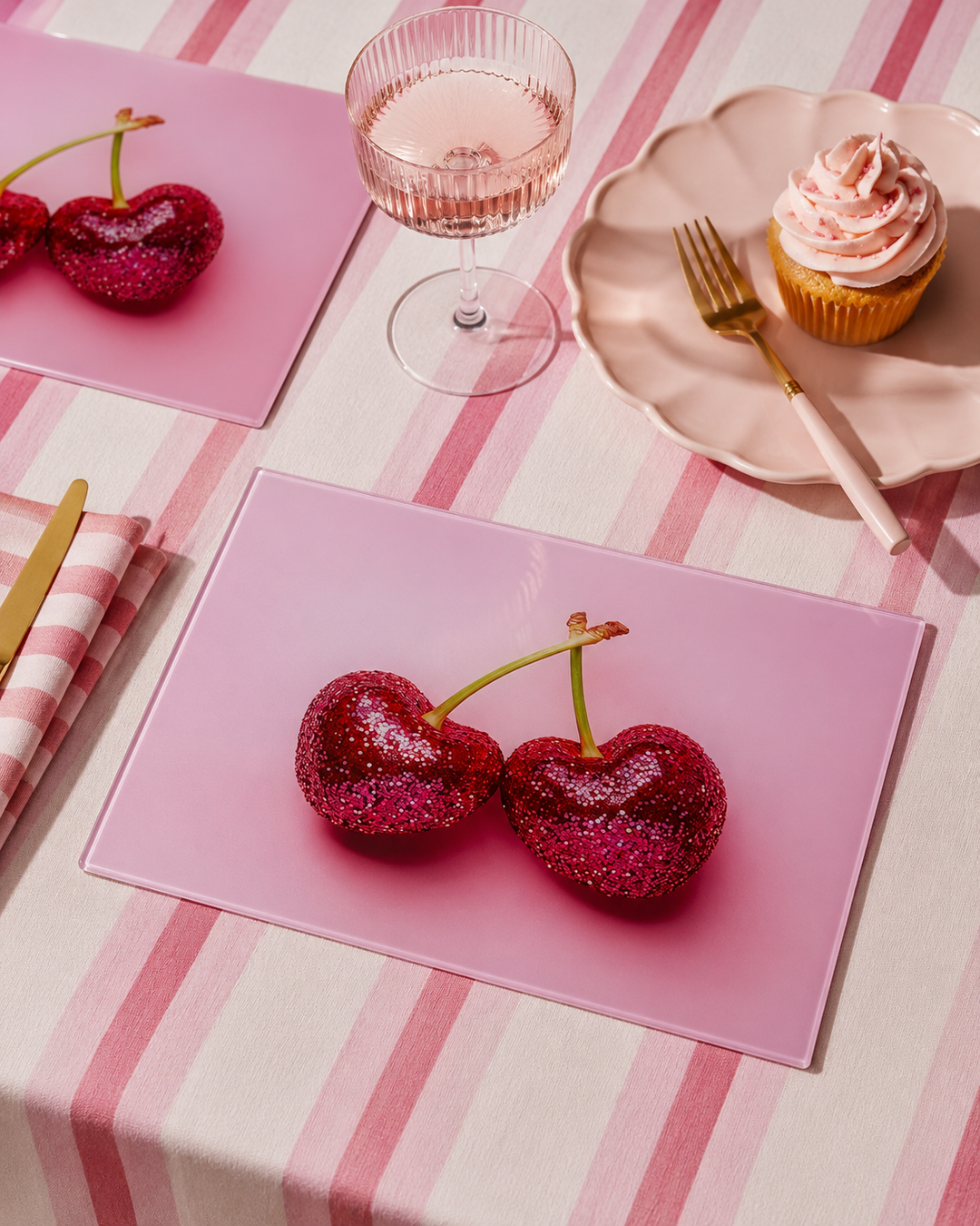Yililo Sequin Cherry glass placemats, printed with glittering sequin-effect cherries.