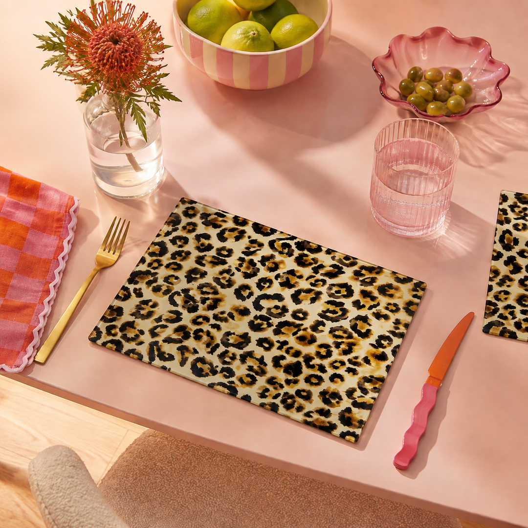 Yililo Soft Leopard glass placemats in a muted tonal leopard print.