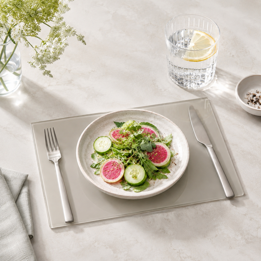 Yililo Soft Stone Neutral glass placemats in a calm, tonal stone colourway.