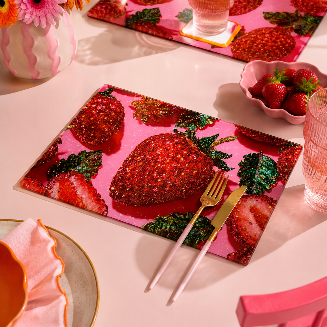 Yililo Strawberry Glitter Fields glass placemats, printed with glitter-effect strawberries.