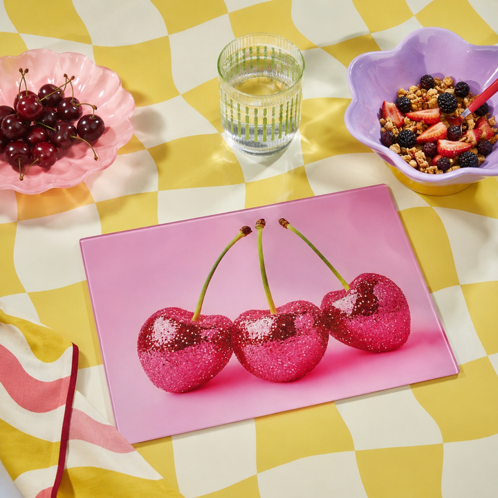 Yililo Triple Cherry glass placemats, a second view of the bright red cherry design.