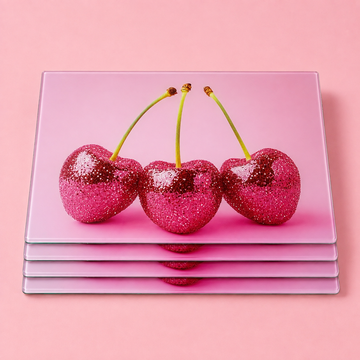 Yililo Triple Cherry glass placemats, printed with bunches of bright red cherries.