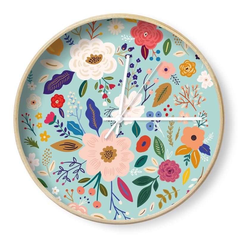 Blue Floral Print Wall Clock Decor - Yililo