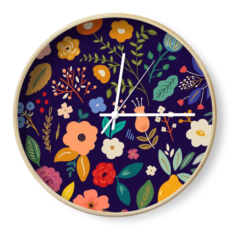 Dark Blue Floral Print Wall Clock Decor - Yililo