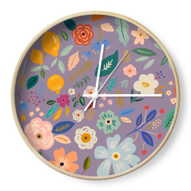 Grey Purple Floral Print Wall Clock Decor - Yililo