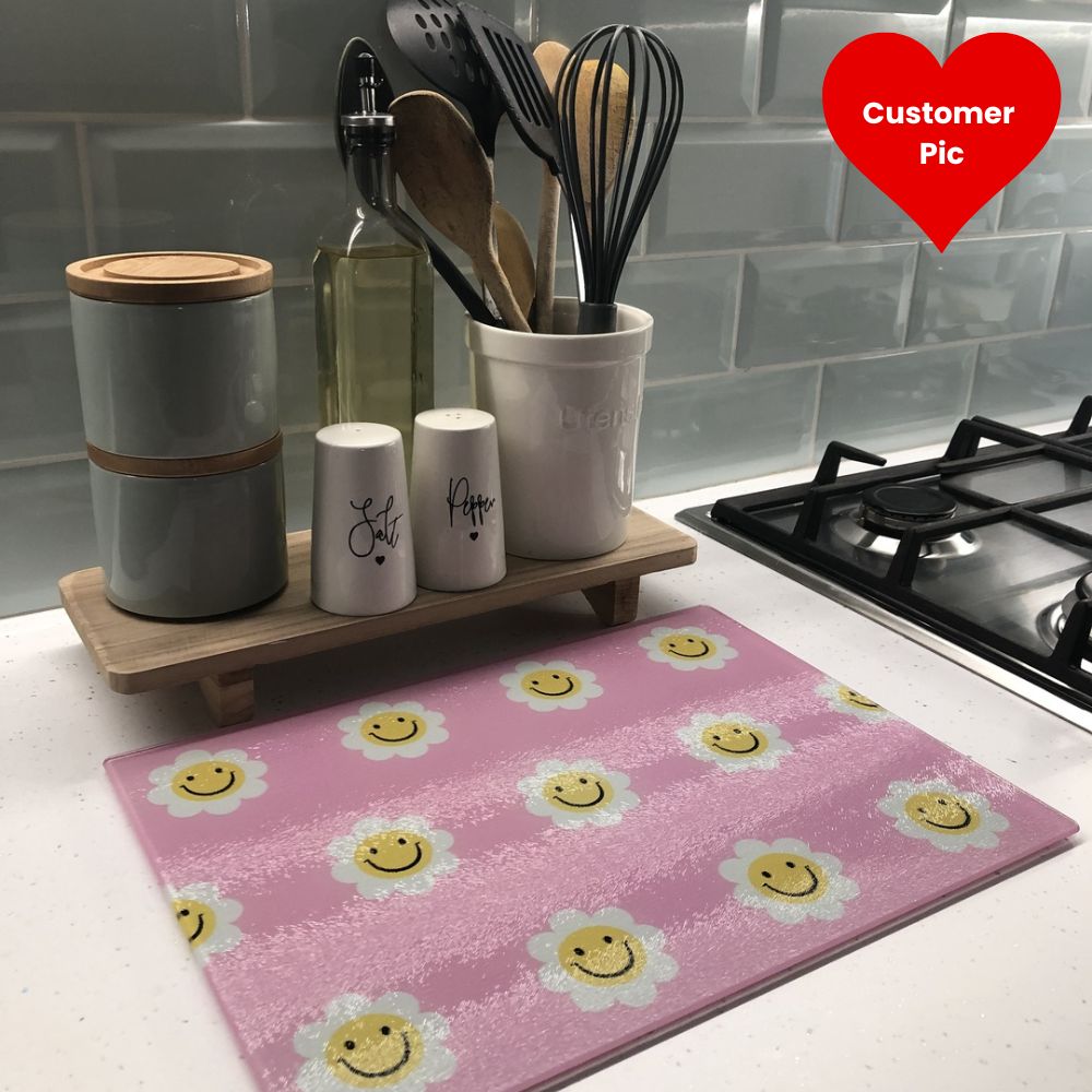 Pink Smiley Daisy Glass Chopping Board