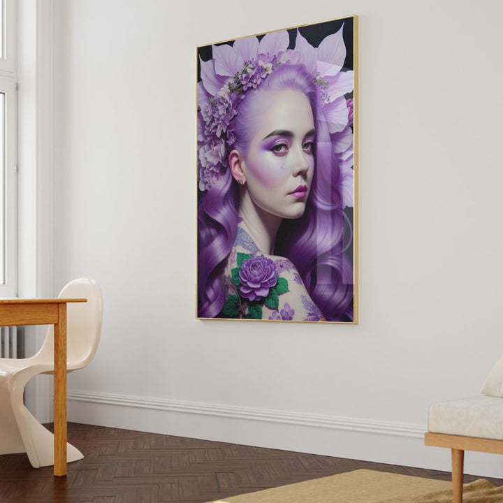 Woman with lilac hair and tattoos colourful floral wall art poster - lifestlye