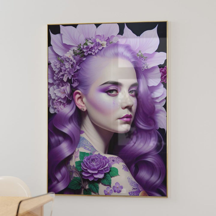 Woman with purple hair lilac flowers colourful wall art