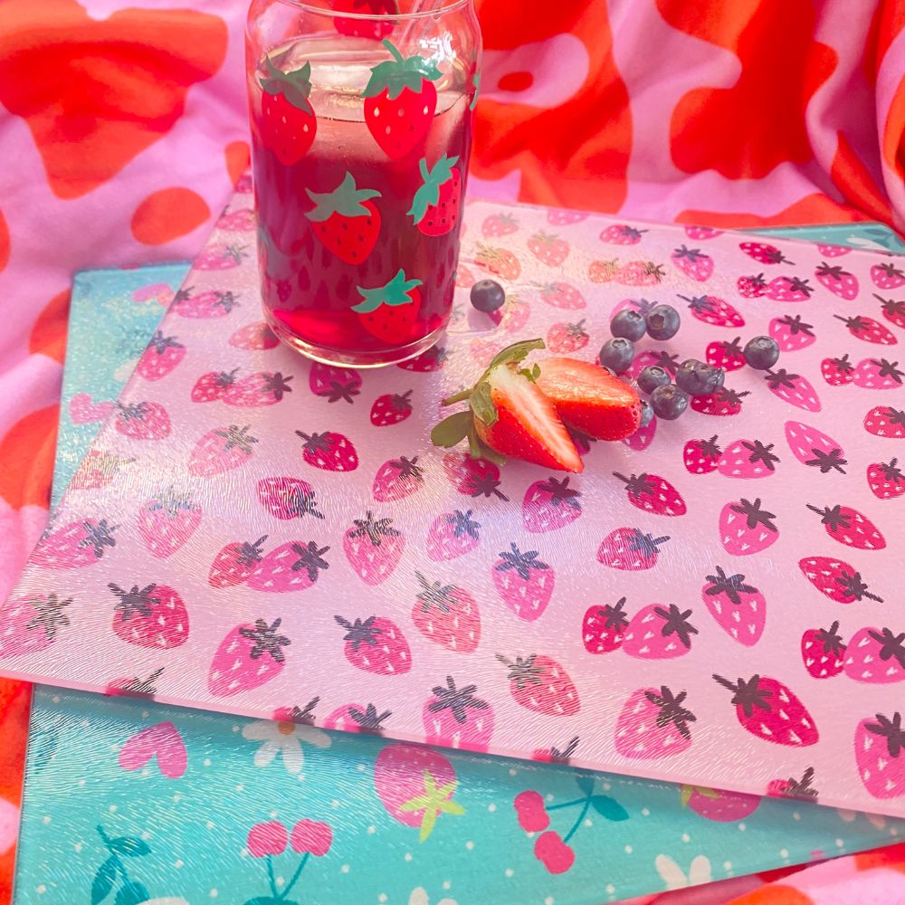 Pink Strawberry Glass Chopping Board Worktop Saver - Yililo