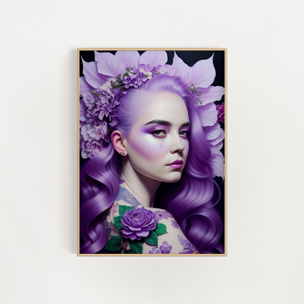 Woman with lilac hair and tattoos colourful floral wall art poster