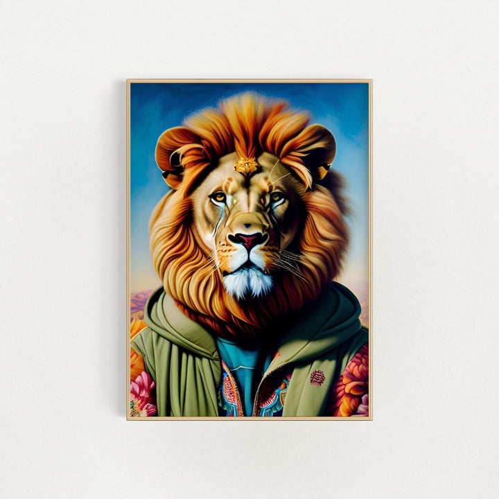 Der Löwe im Kapuzenpullover. Feiner Wandkunstdruck