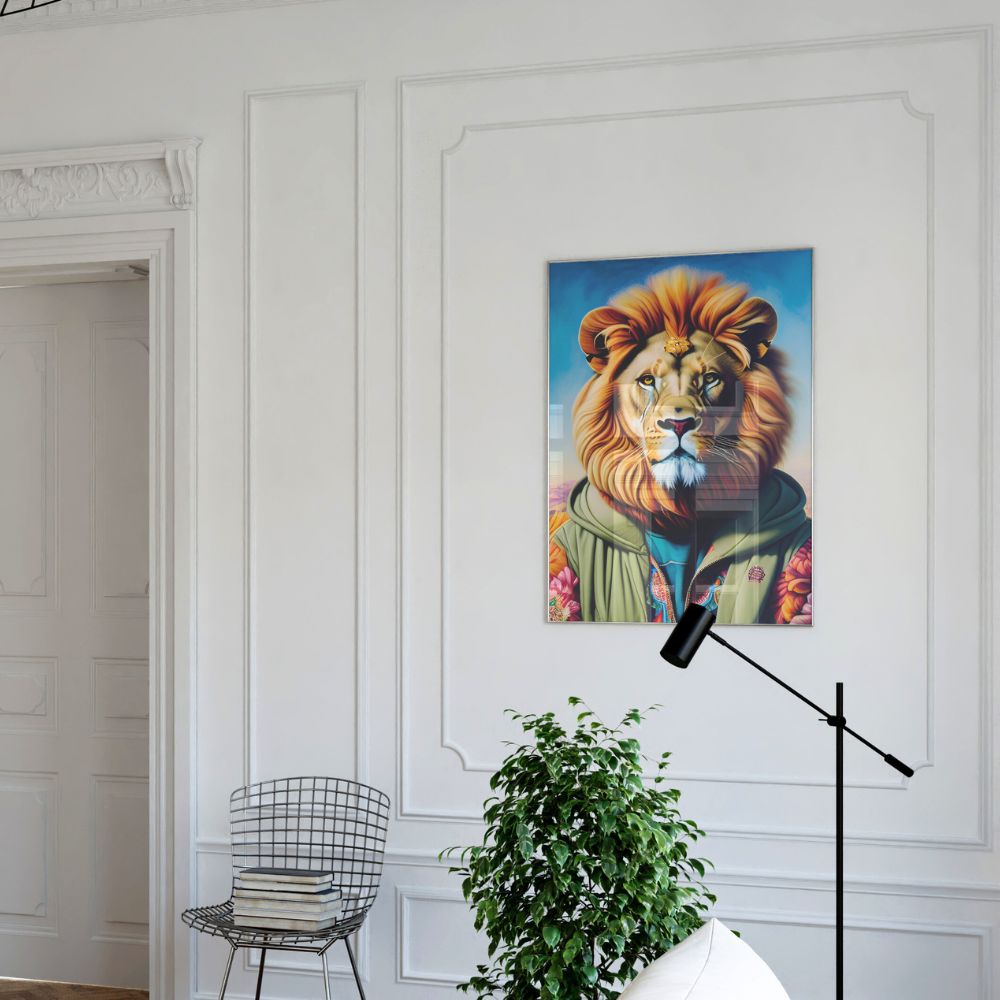 Der Löwe im Kapuzenpullover. Feiner Wandkunstdruck