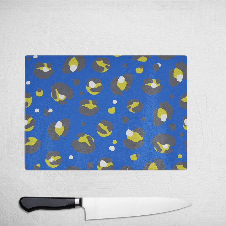 Blue Leopard Print Glass Chopping Board