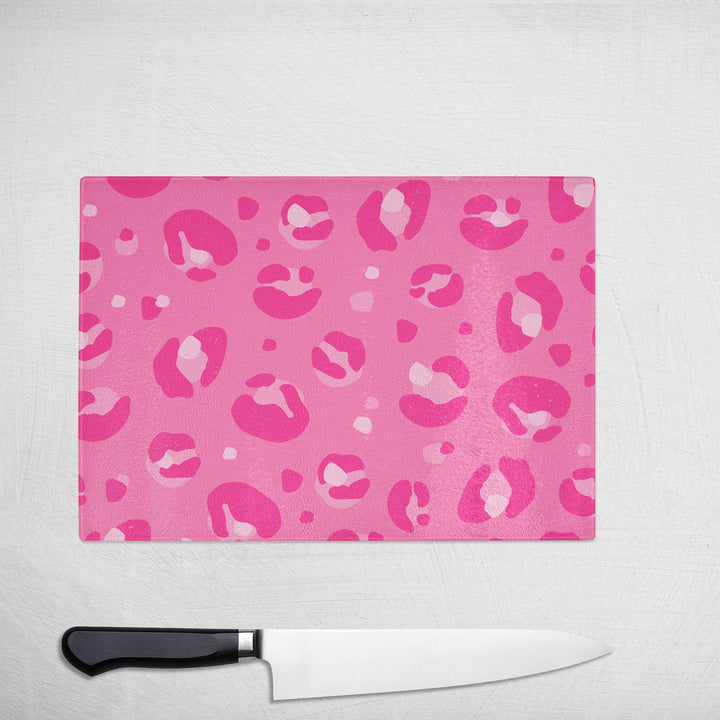 Bright Pink Leopard Print Glass Chopping Board
