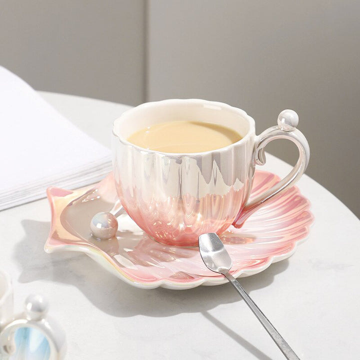 Ombre Pink Blue Pearl Cup With Shell Shape Saucer - Yililo