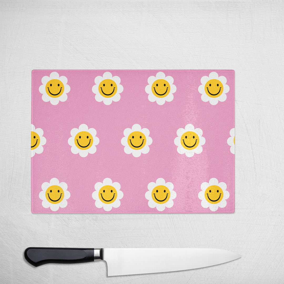 Pink Smiley Daisy Glass Chopping Board - Yililo