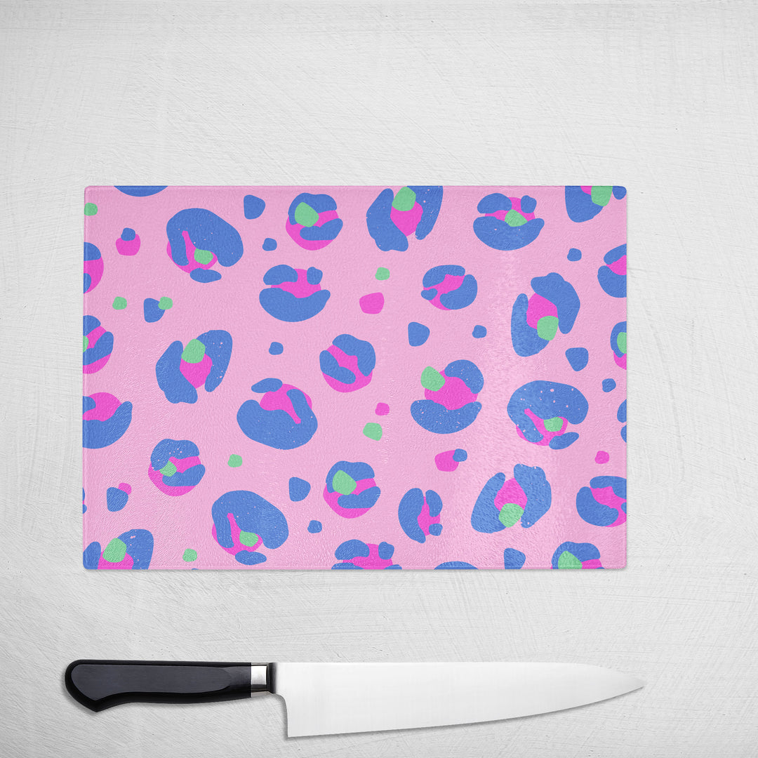 Pink Blue Leopard Print Glass Chopping Board - Yililo