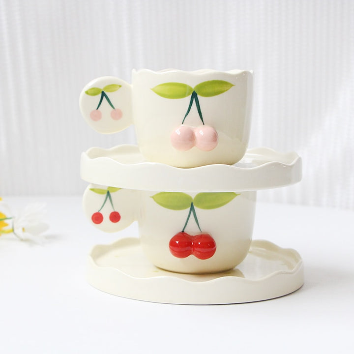 3D Cherry Coffee Cups and Saucers Set - Yililo
