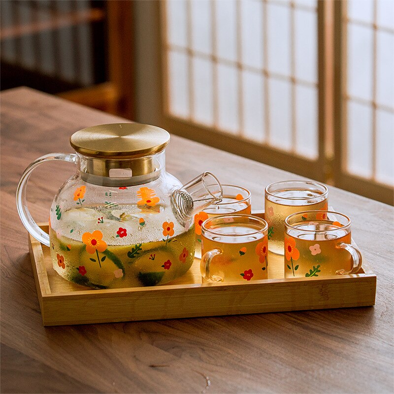 Japanese Flower Glass Cold Jug And Glasses Set - Yililo