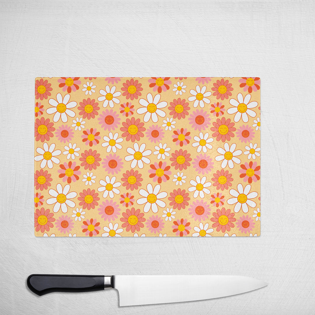 Flower Smiley Peach Colourful Glass Chopping Board