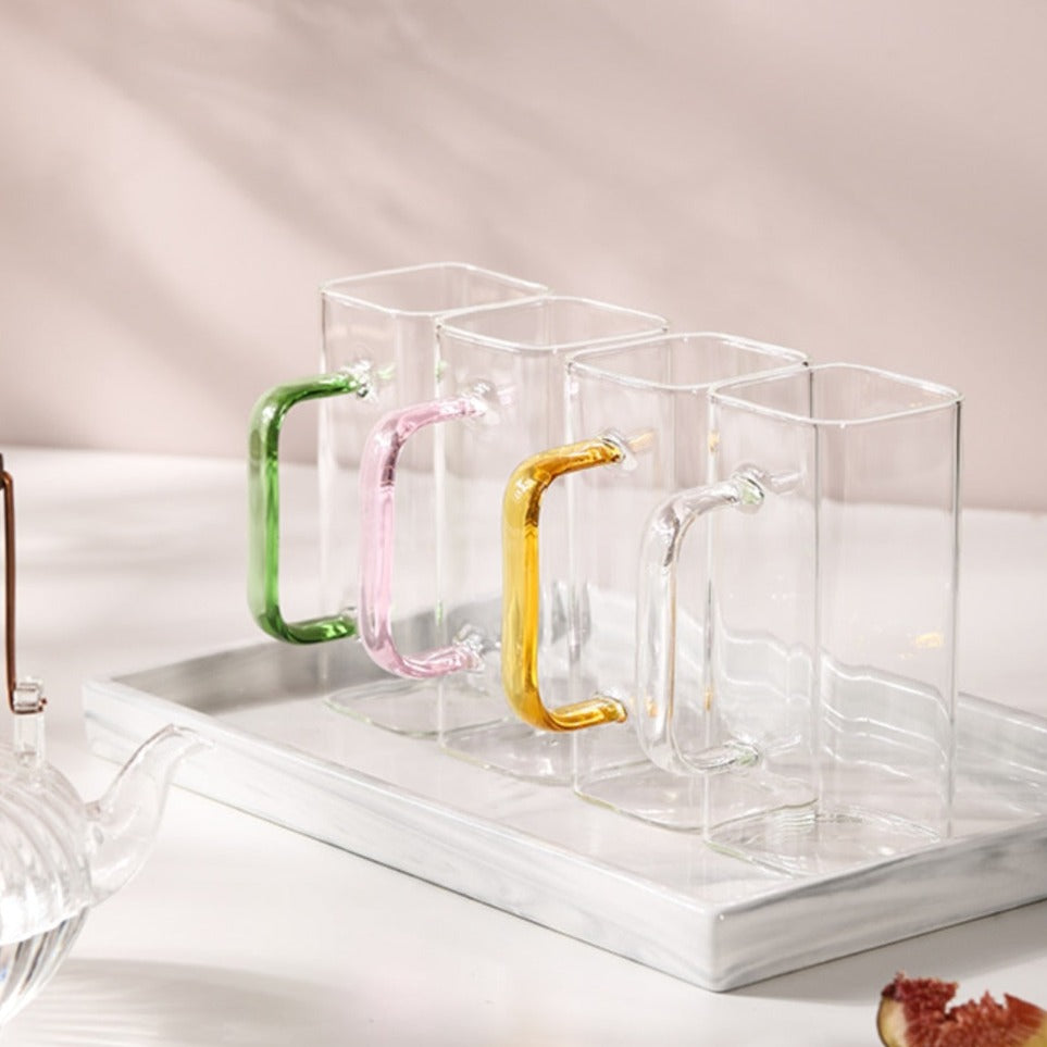 Square Tall Glass Mug With Coloured Handle 400ml - Yililo