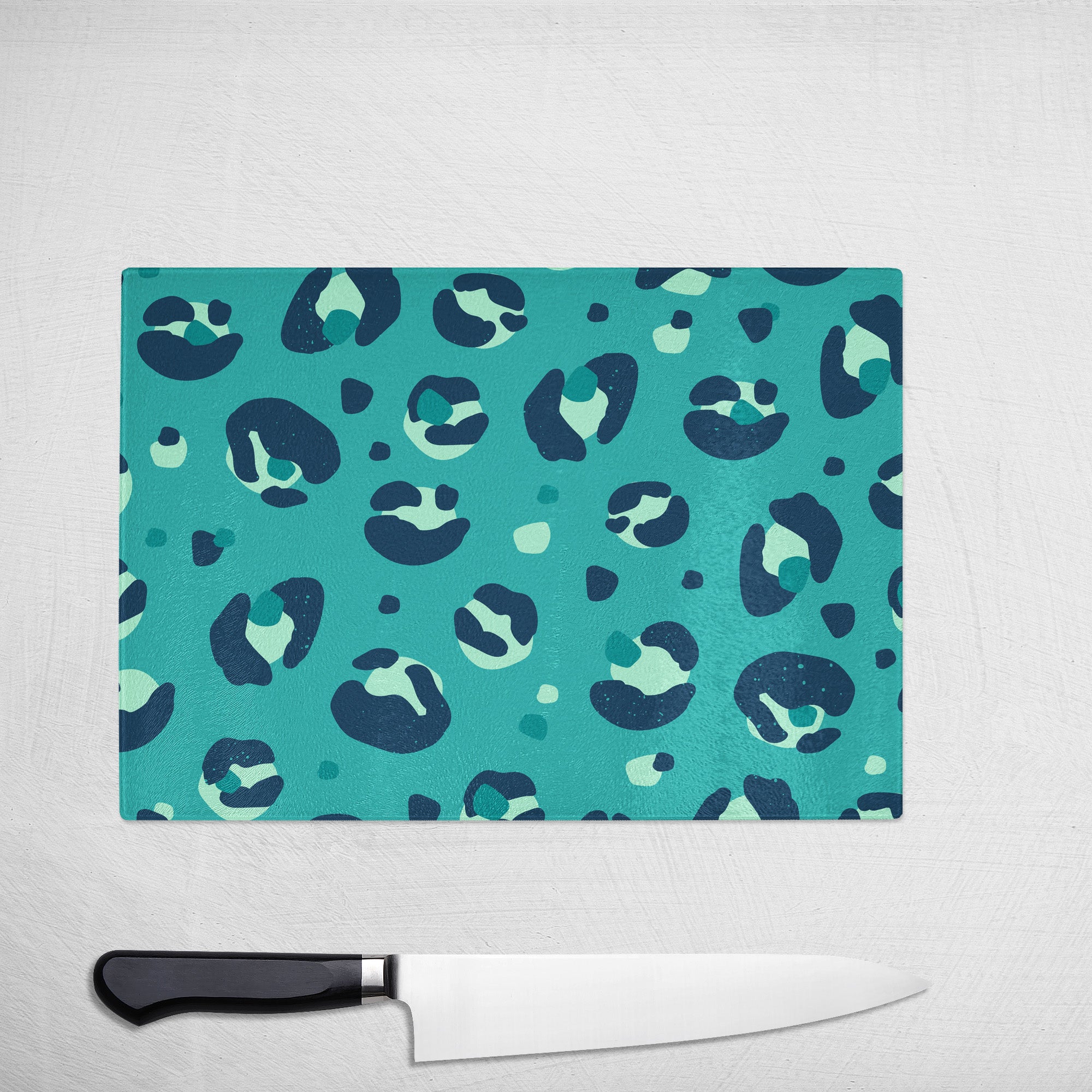 Teal Green Leopard Print Glass Chopping Board