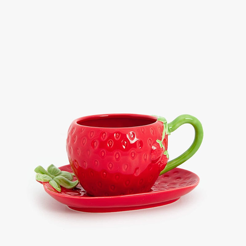 Red Strawberry Shape Mug And Saucer Cup Set - Yililo