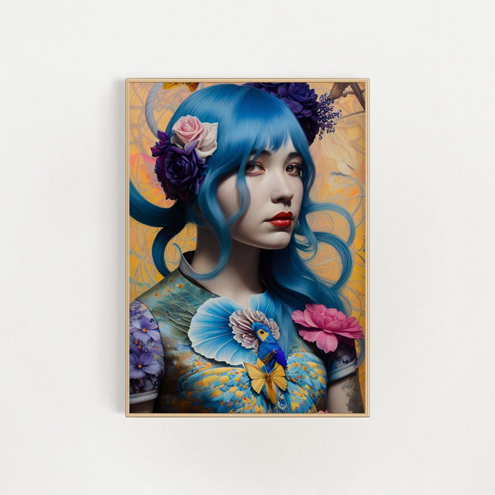 Blue Hair And Flowers Wall Art Poster