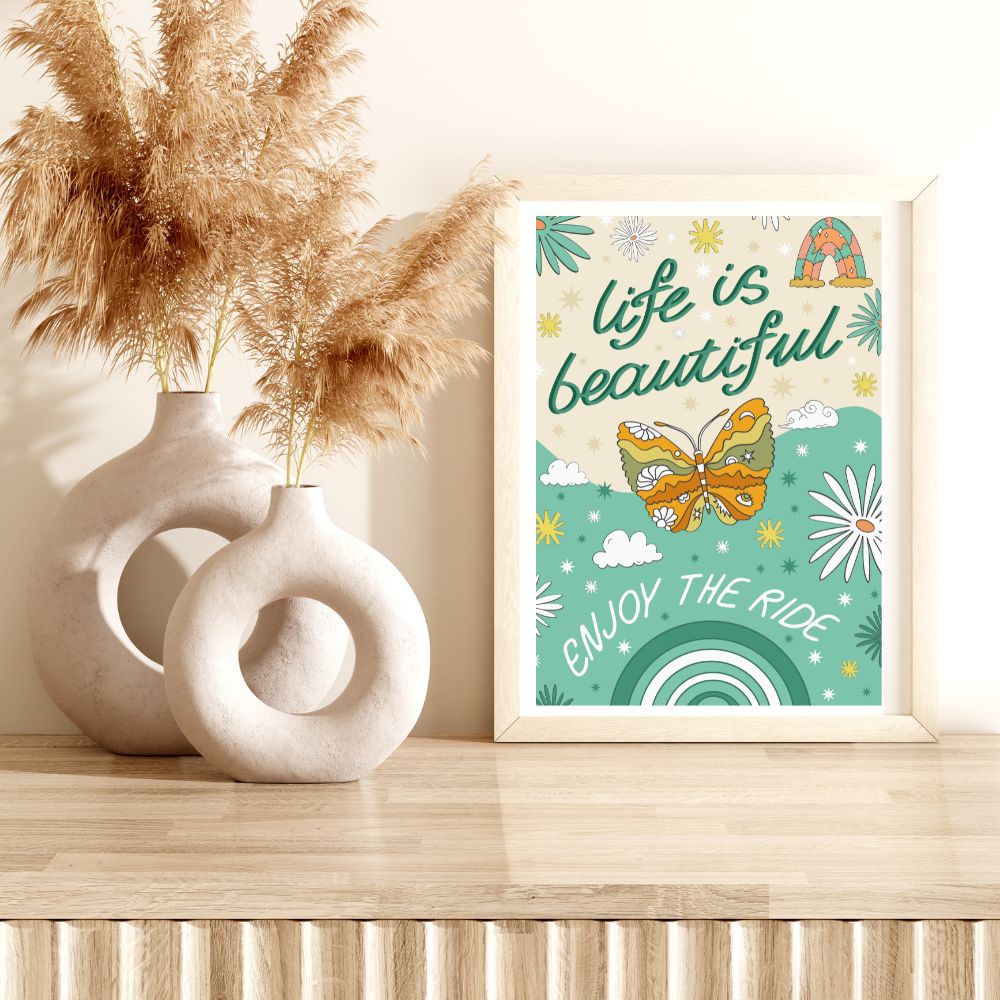 Life Is Beautiful Quote Inspiring Green Wall Art Poster - Yililo