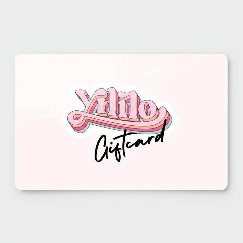 Yililo Gift Card Vouchers feature retro pink, green, and orange 3D lettering with Giftcard in black cursive below on a light beige background—perfect for gifting colour with instant delivery. Brand: Yililo.