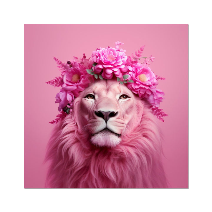 Pink Lion with Flower Crown Wall Art Poster