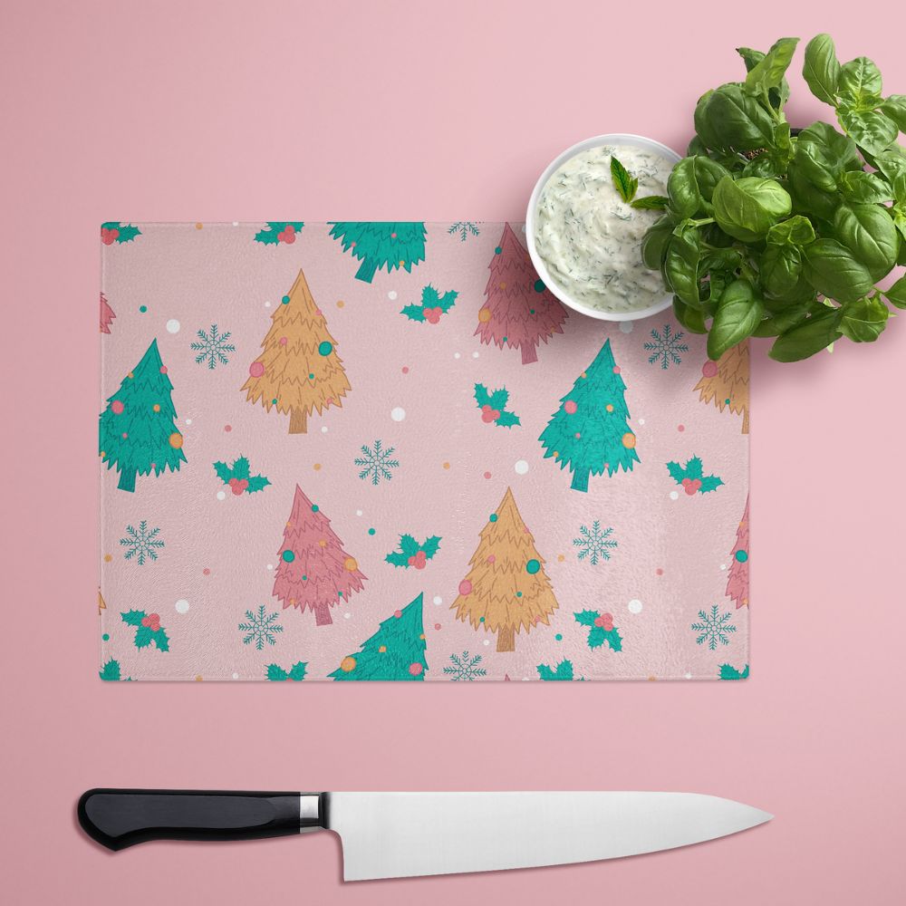 Pink Trees Christmas Glass Chopping Board - Yililo