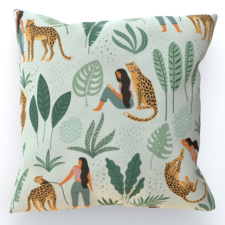 Lady And Leopards Green Cushion - Yililo