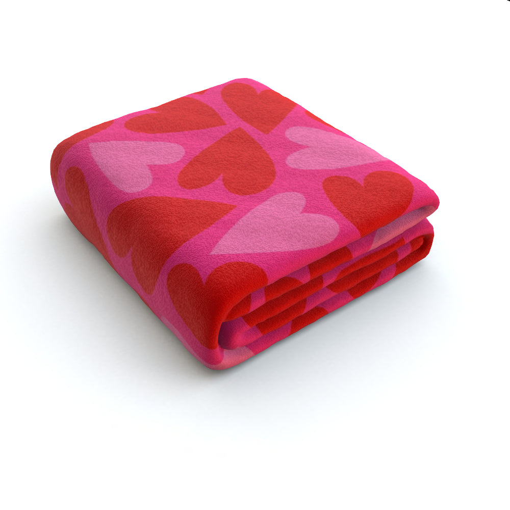 Red And Pink Heart Print Fleece Blanket - Yililo