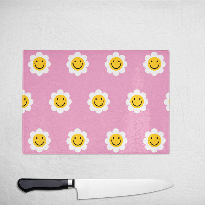 90s Pink Smiley Daisy Colourful Glass Chopping Board